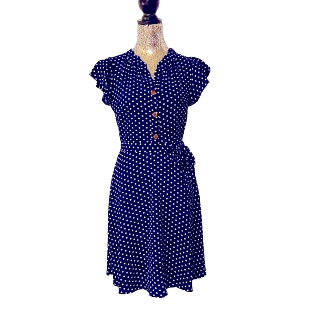 MONTEAU Navy Blue & White Polka Dot Midi Dress.